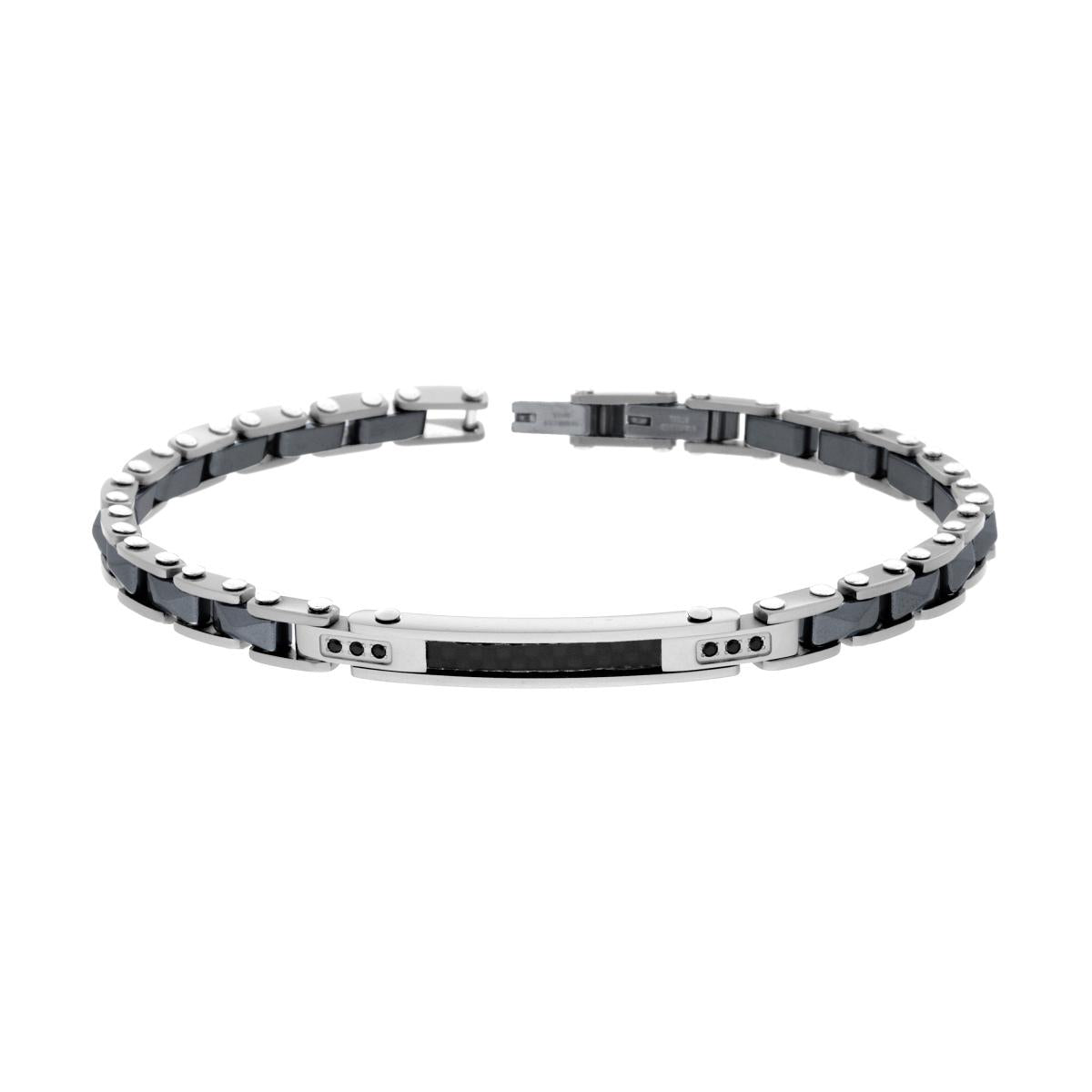 Bracciale Uomo Targa Catena imperniata con Ceramica Antracite Bugnata e Crystal Neri in ACCIAIO