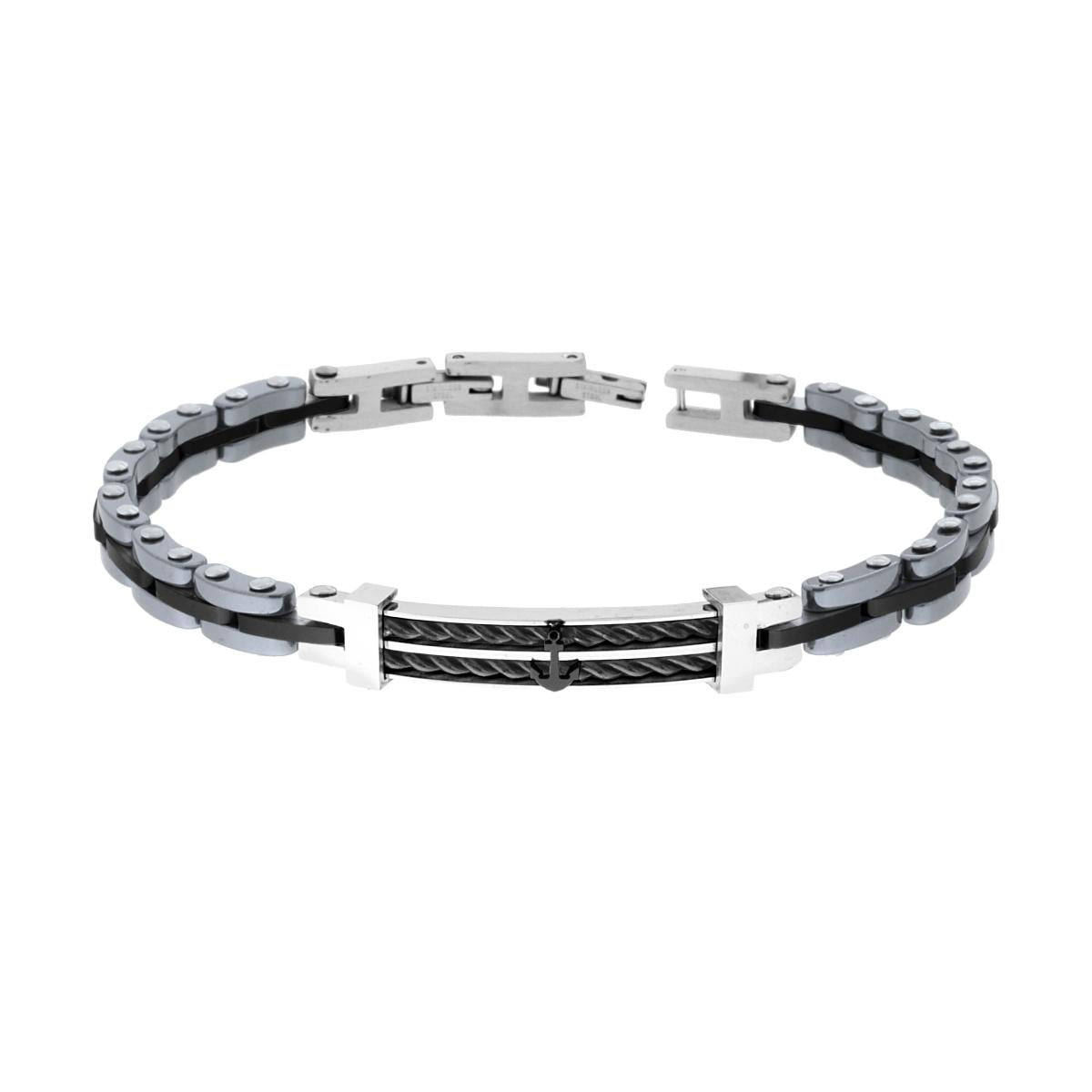 Bracciale Uomo Catena Imperniata con Ceramica Antracite e Nero Targa con Ancora e Fune in ACCIAIO