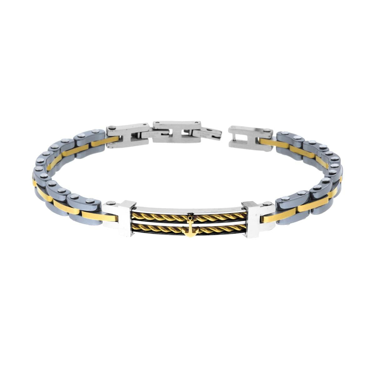 Bracciale Uomo Imperniato con Targa con decoro Geometrico e Ancora in Ceramica ACCIAIO