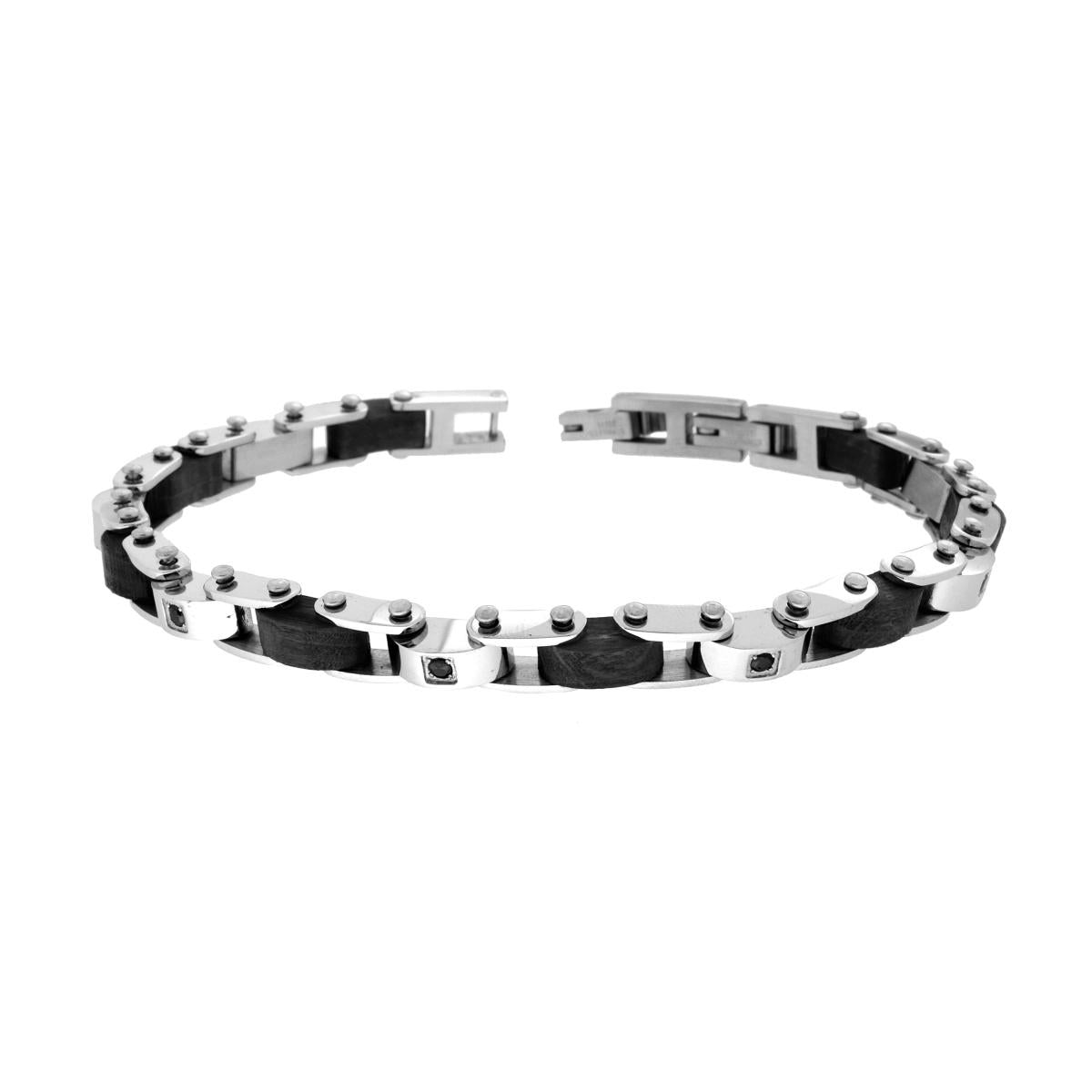 Bracciale Uomo Imperniato in Legno Nero con Crystal Neri in ACCIAIO