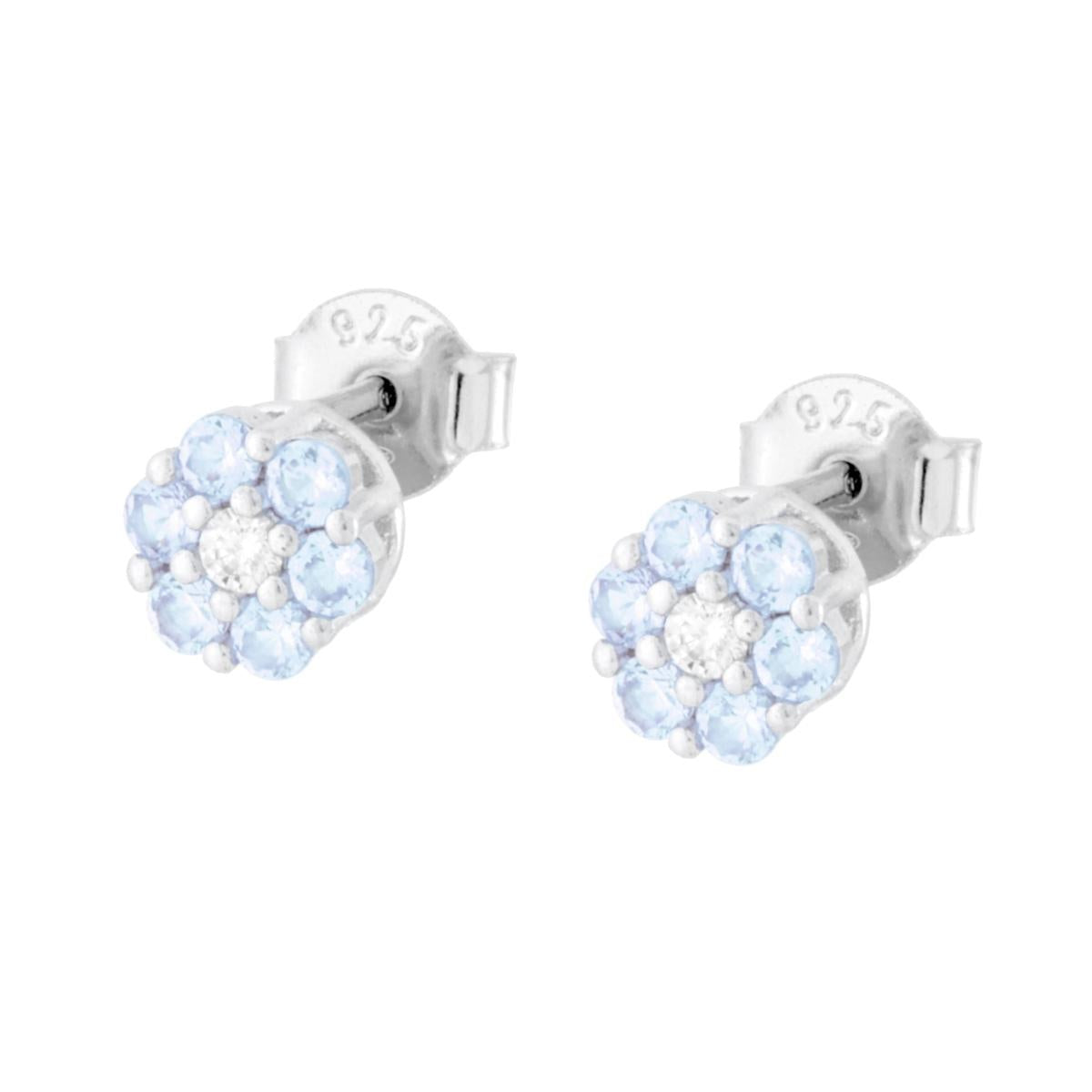 Orecchini Fiore con Cubic Zirconia Acquamarina e Bianchi in ARGENTO 925 Galvanica Rodio