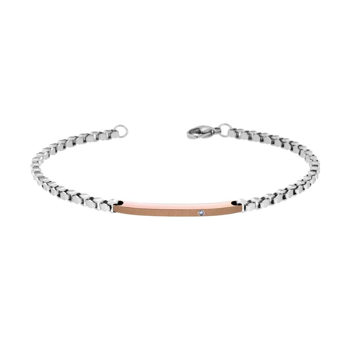 Bracciale Uomo Catena Veneziana Esagonale con Targa Bronzo e Crystal Bianco in ACCIAIO