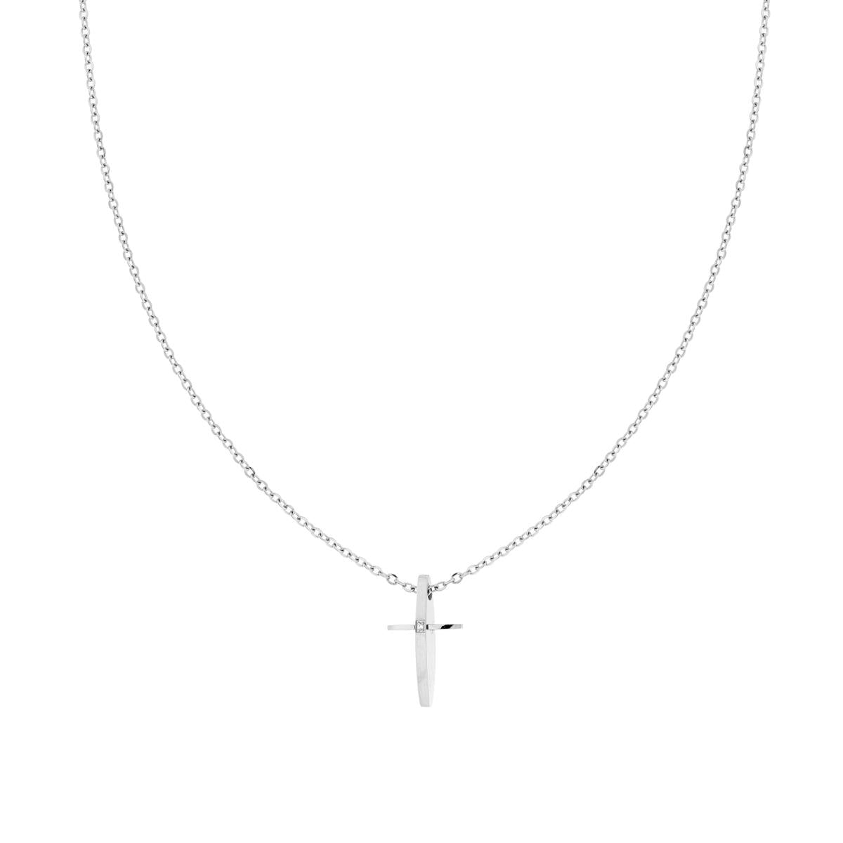Collana Catena Forzatina Diamantata con Croce con Crystal Bianco in ACCIAIO