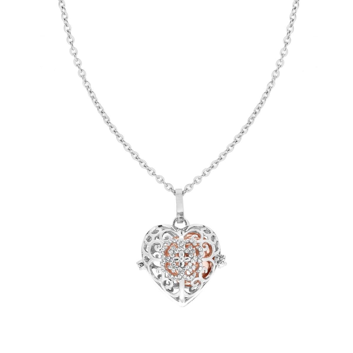 Collana Catena Forzatina Diamantata cm 90 con Chiama Angeli Cuore e Crystal Bianchi con Sfera Colore Rosa in ACCIAIO e BRONZO