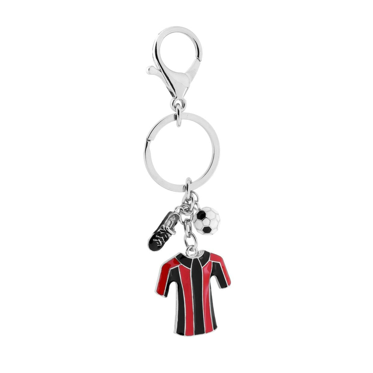 Portachiavi Uomo Donna ad Anello e Pappagallo con Pallone Scarpa e Maglia Calcio con Smalto Rosso e Nero in ACCIAIO