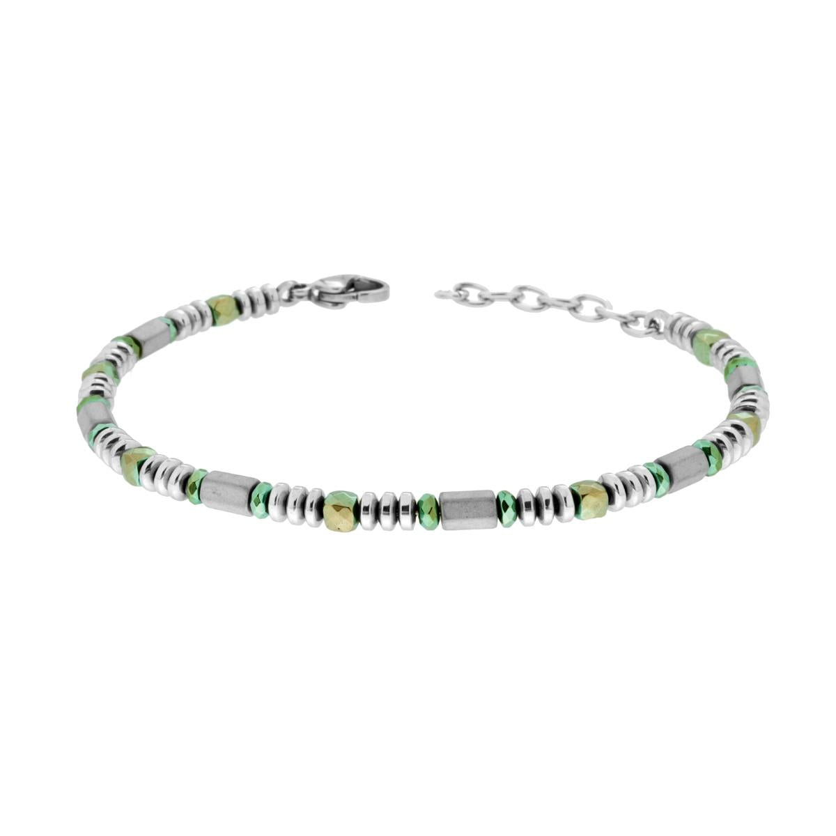 Bracciale Catena con Cubetti e Anelli Sfaccettati Verde e Cilindri Grigi in ACCIAIO