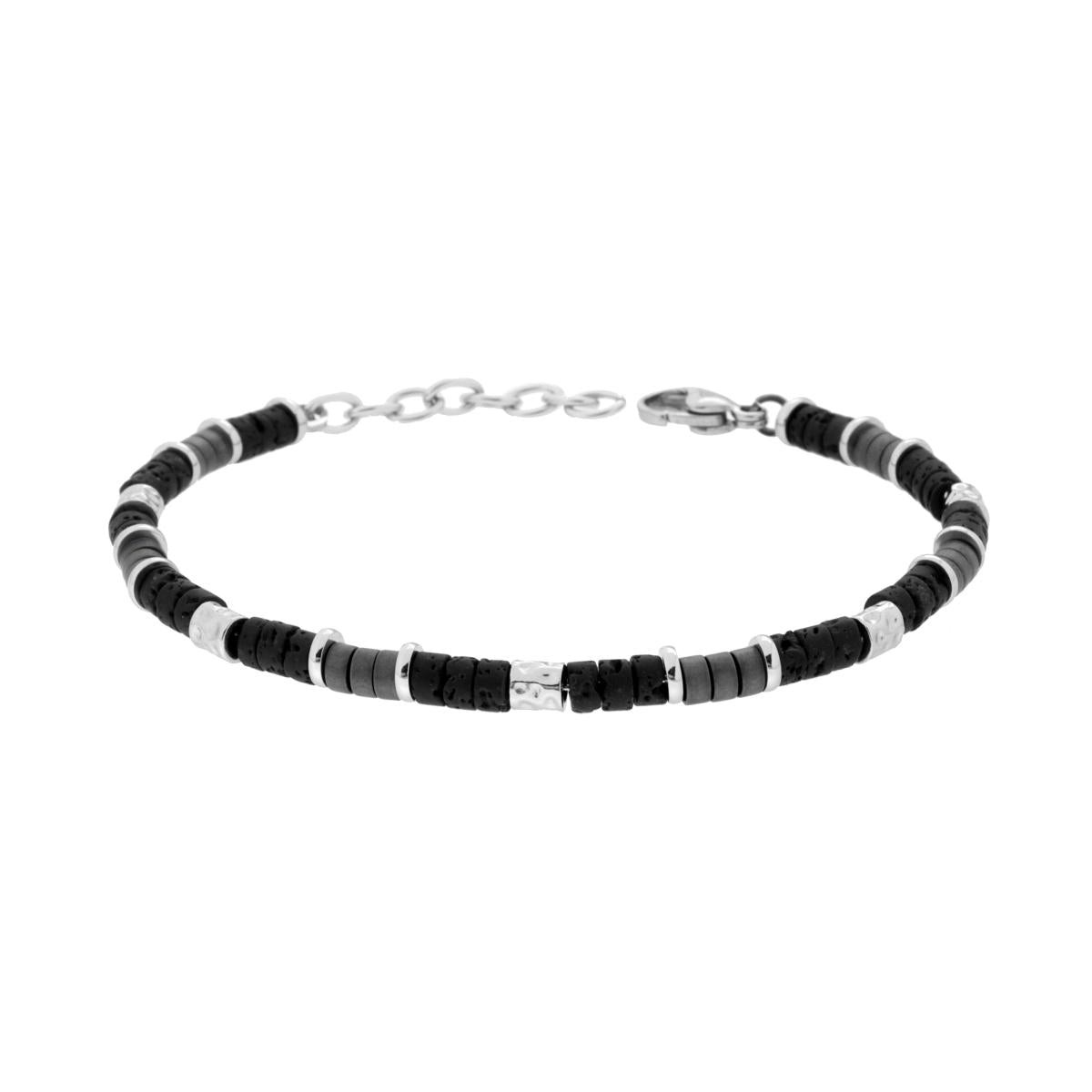 Bracciale Catena con Pietra Lavica Nera Cilindri colore Griglio e Martellati in ACCIAIO