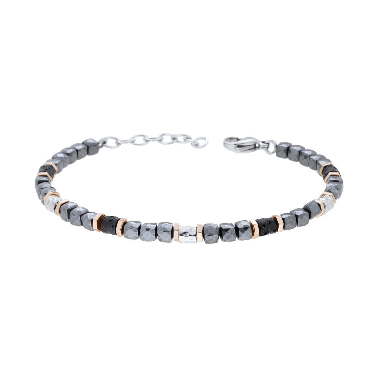 Bracciale Catena con Pietra Lavica Nera Cilindri Martellati Cubetti e Bulloni Rosa in ACCIAIO