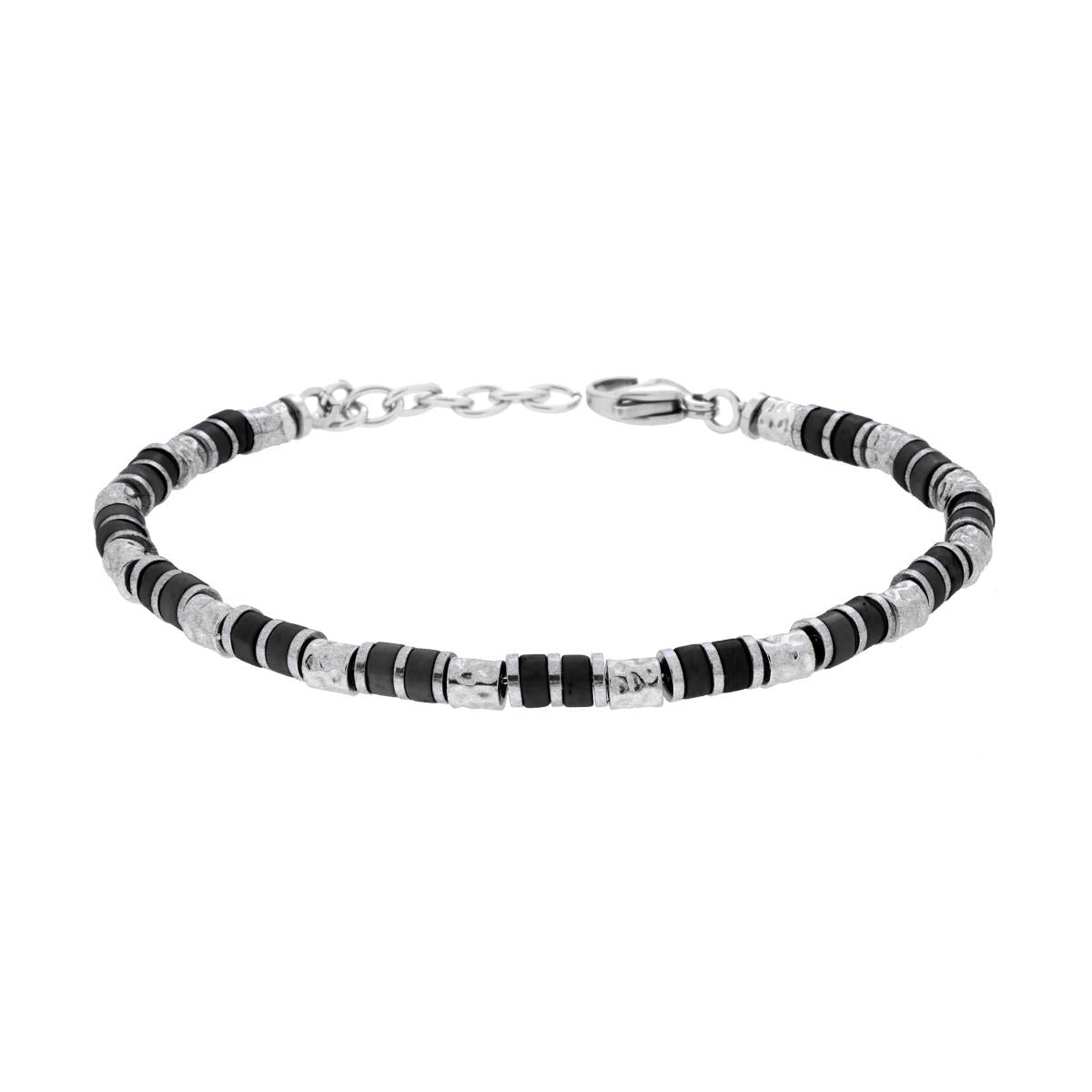 Bracciale Catena con Pietre Nero Onice e Cilindri martellati in ACCIAIO