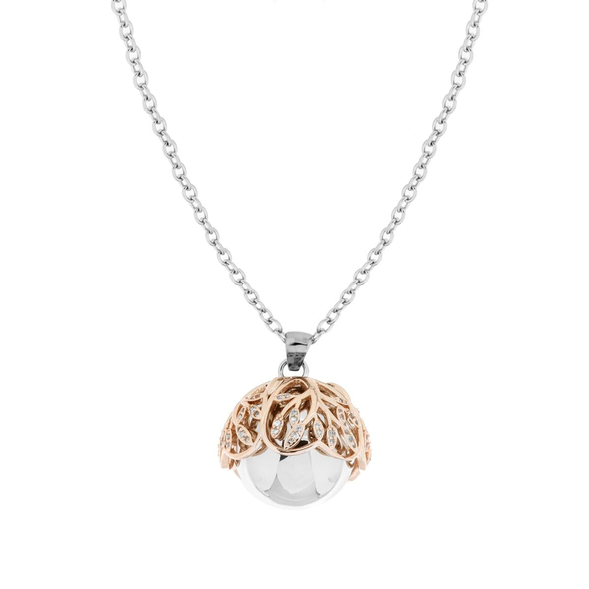 Collana Catena Forzatina cm 90+5 Chiama Angeli Cupola di Cuori colore Rosa e Albero della Vita Crystal con Sfera in ACCIAIO e BRONZO
