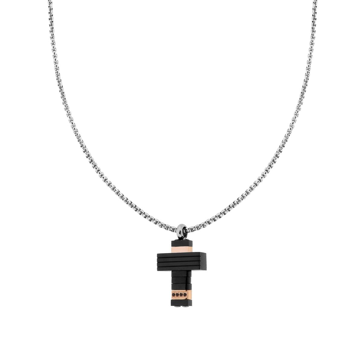 Collana Catena Veneziana Tonda con Croce Nera e Rosa e Crystal Neri in ACCIAIO