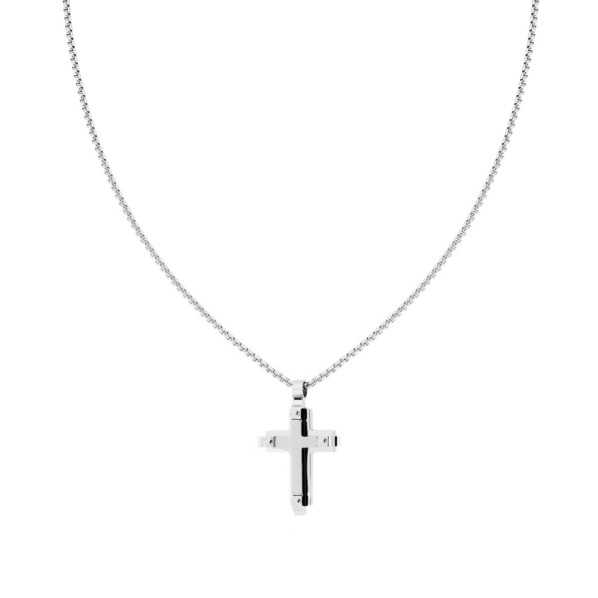Collana Catena Veneziana Tonda con Croce sormontata da Croce satinata in ACCIAIO