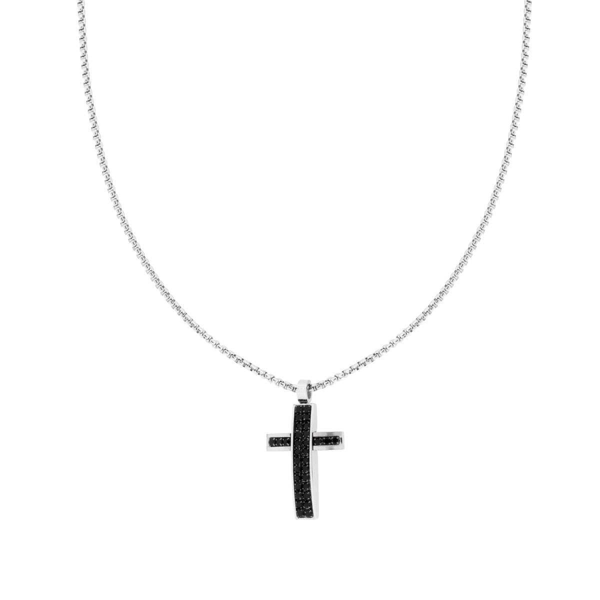 Collana Catena Veneziana Tonda con Croce e Crystal Neri in ACCIAIO