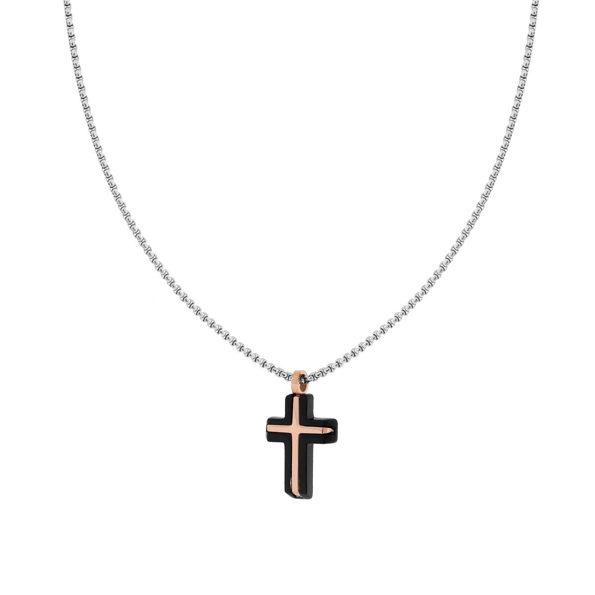 Collana Catena Veneziana Tonda con Croce Nera e Rosa in ACCIAIO