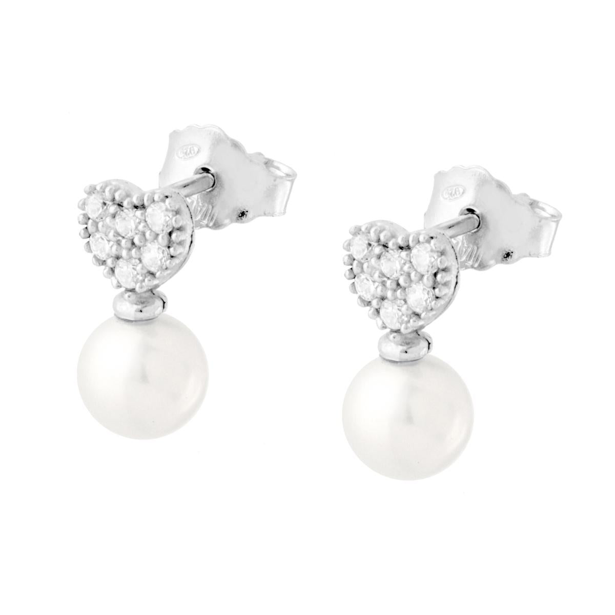 Orecchini Cuore con Cubic Zirconia Bianchi e Perla in ARGENTO 925 Galvanica Rodio