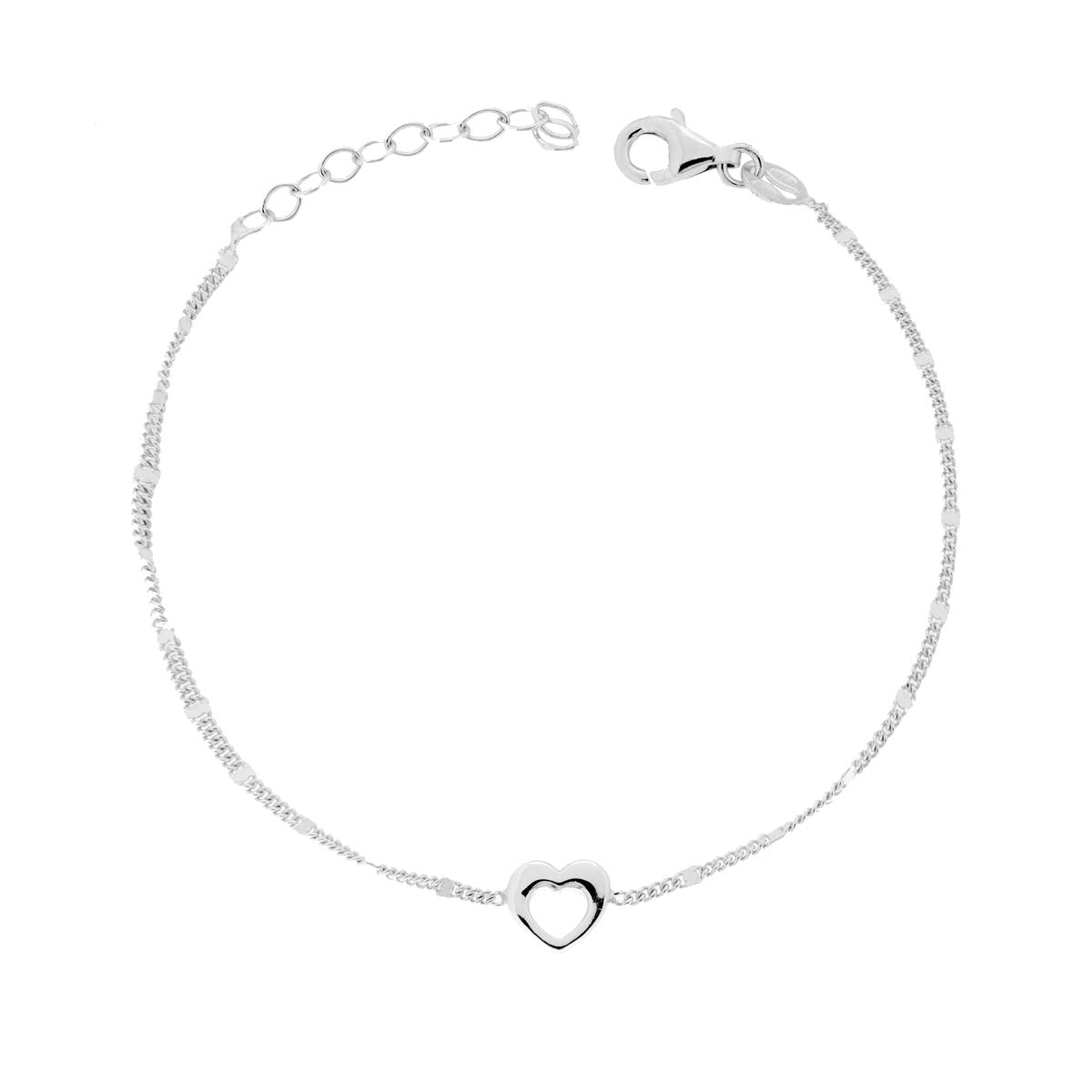 Bracciale Catena Grumetta Diamantata con Cuore in ARGENTO 925 Galvanica Rodio