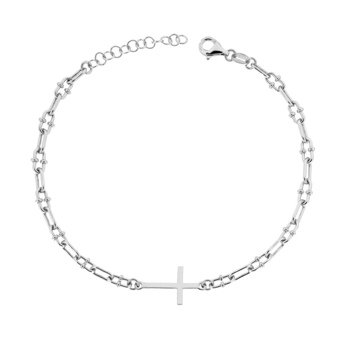 Bracciale Catena Forzatina Allungata con Croce in ARGENTO 925 Galvanica Rodio