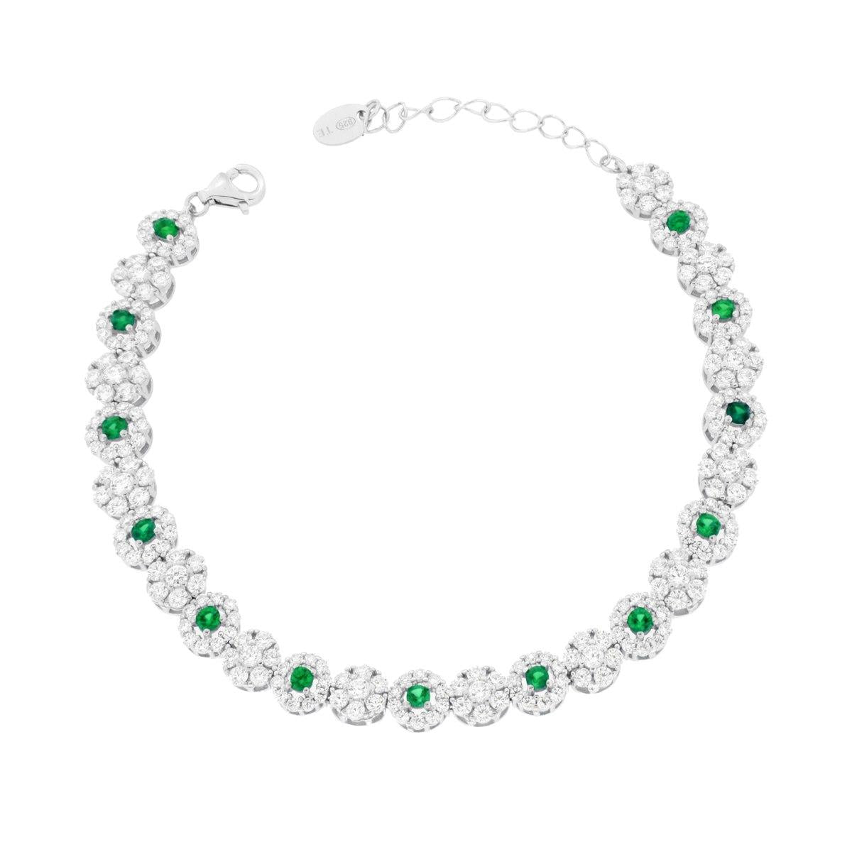 Bracciale Tennis Fiori con Cubic Zirconia Verde Smeraldo e Bianchi in ARGENTO 925 Galvanica Rodio