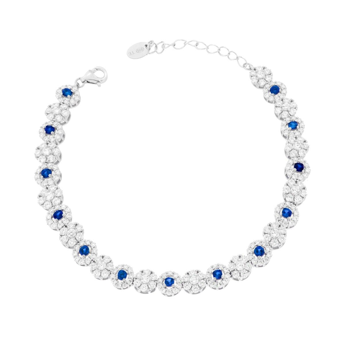 Bracciale Tennis Fiori con Cubic Zirconia Blu Zaffiro e Bianchi in ARGENTO 925 Galvanica Rodio