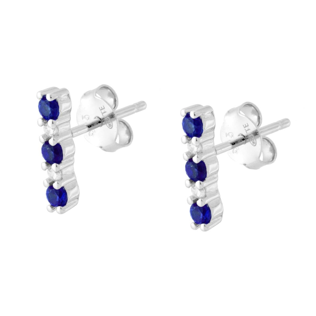 Orecchini Barretta con Cubic Zirconia Blu Zaffiro e Bianchi in ARGENTO 925 Galvanica Rodio
