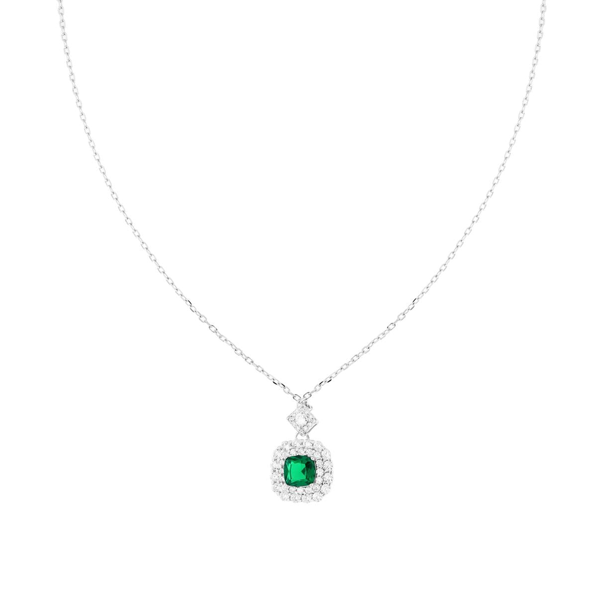 Collana Catena Forzatina Diamantata con Quadrato Verde Smeraldo contornato da Cubic Zirconia Bianchi in ARGENTO 925 Galvanica Rodio