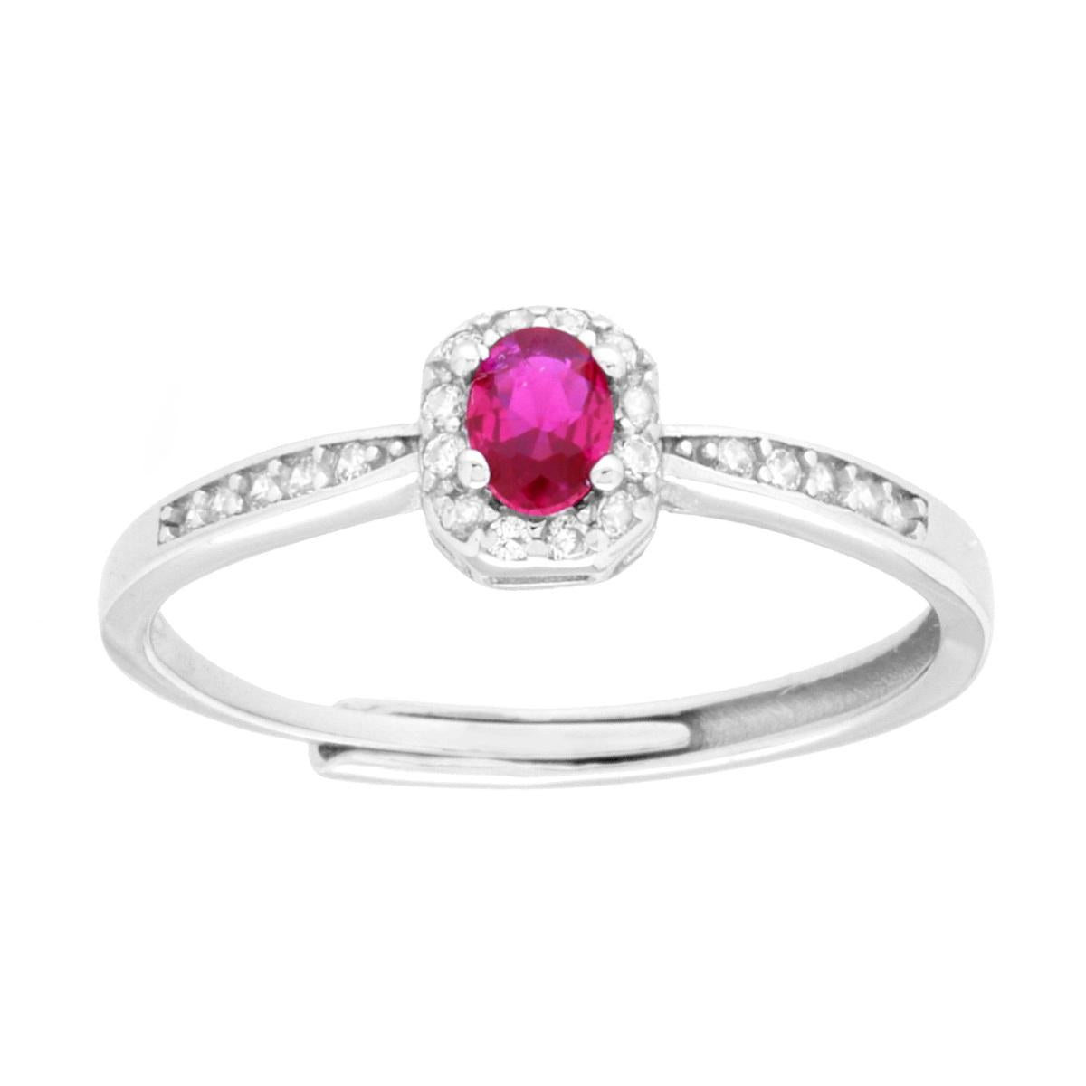 Anello Solitario Ovale Rosso Rubino contornato da Cubic Zirconia Bianchi in ARGENTO 925 Galvanica Rodio