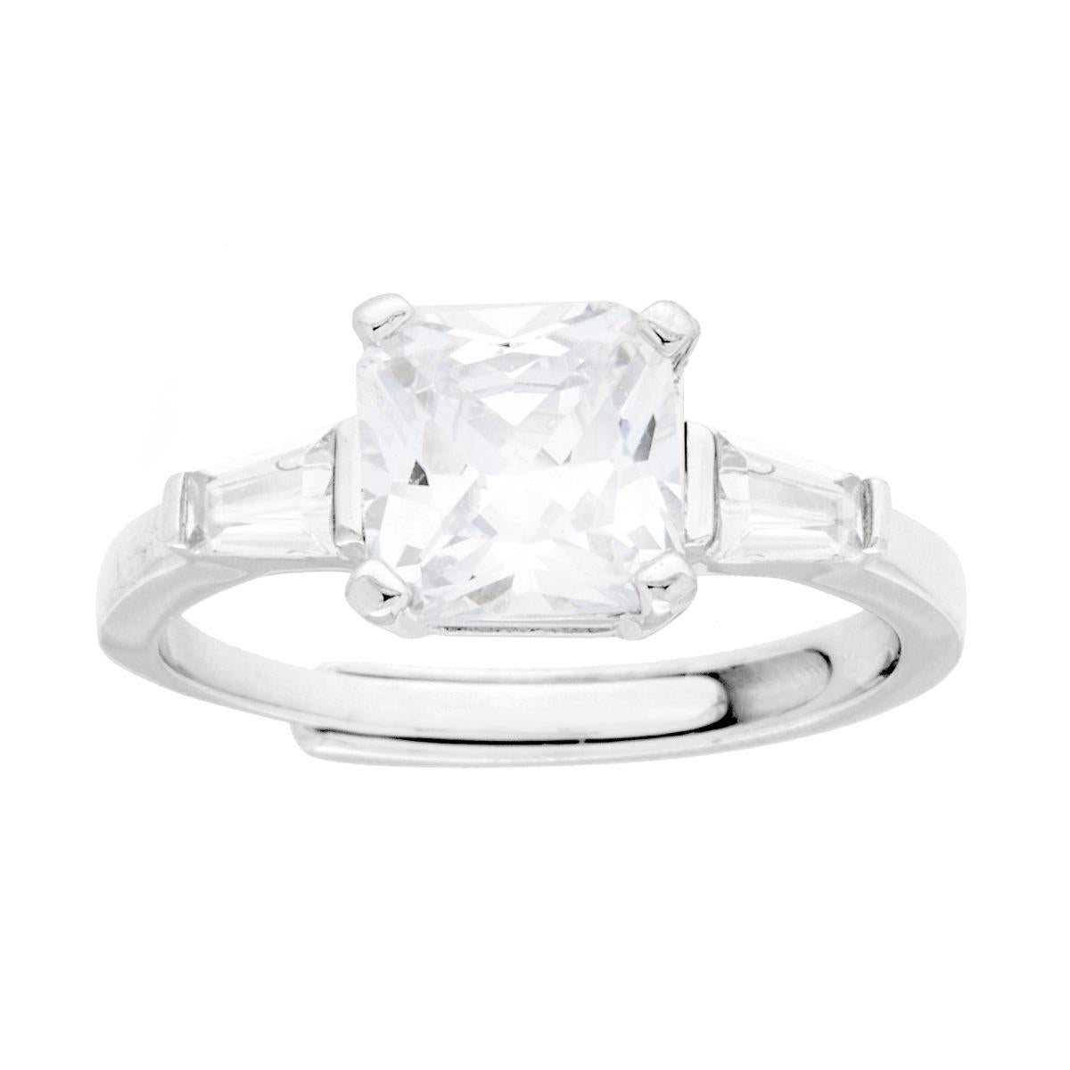 Anello Solitario Quadrato e Cubic Zirconia Bianchi Trapezio in ARGENTO 925 Galvanica Rodio