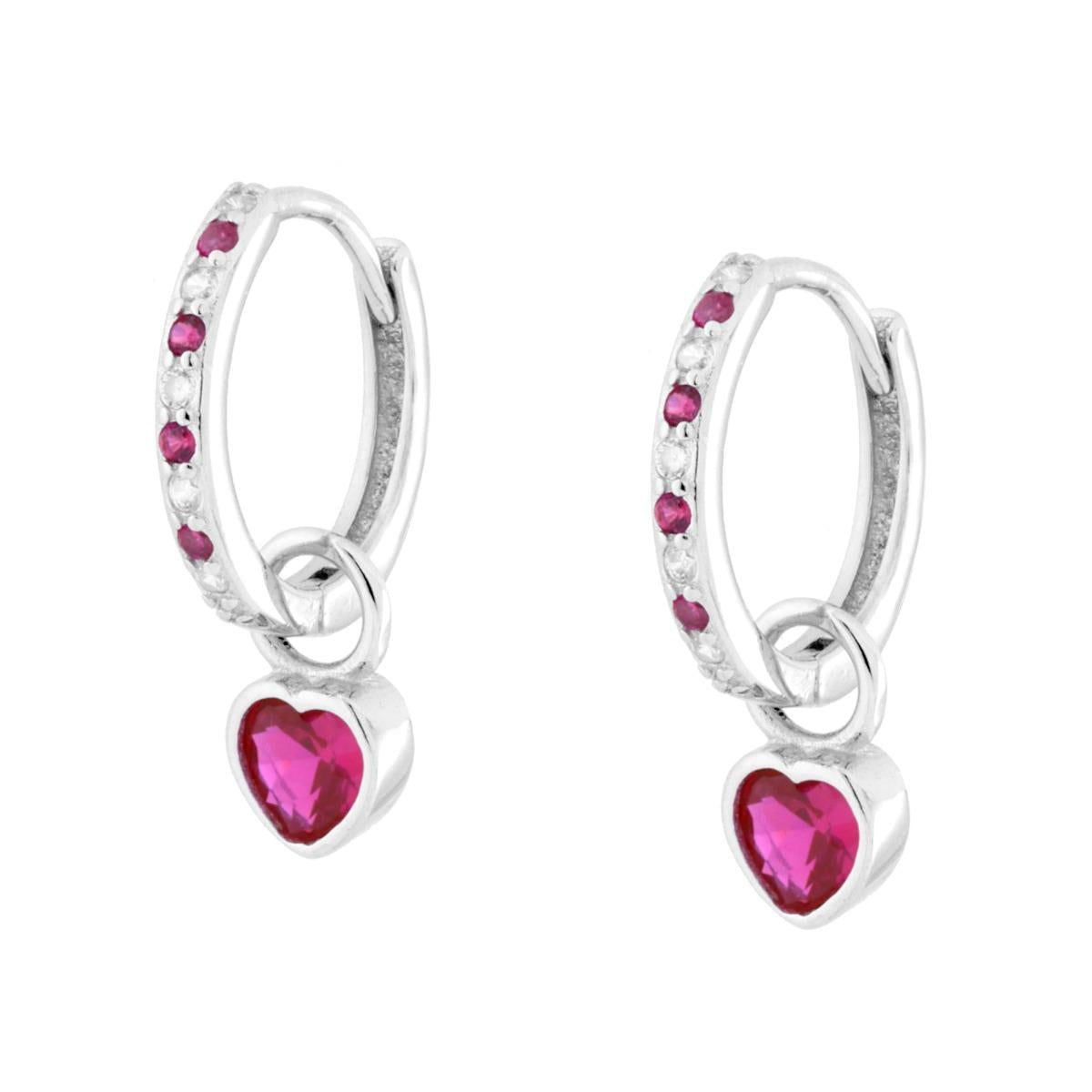Orecchini Cerchio con Cuore e Cubic Zirconia Rosso Rubino e Bianco in ARGENTO 925 Galvanica Rodio