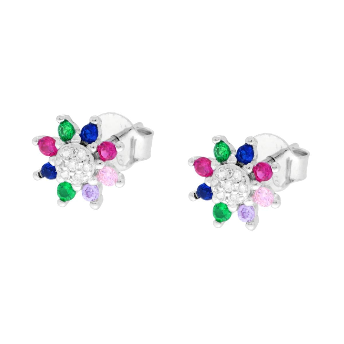 Orecchini Fiore con Cubic Zirconia Multicolor in ARGENTO 925 Galvanica Rodio