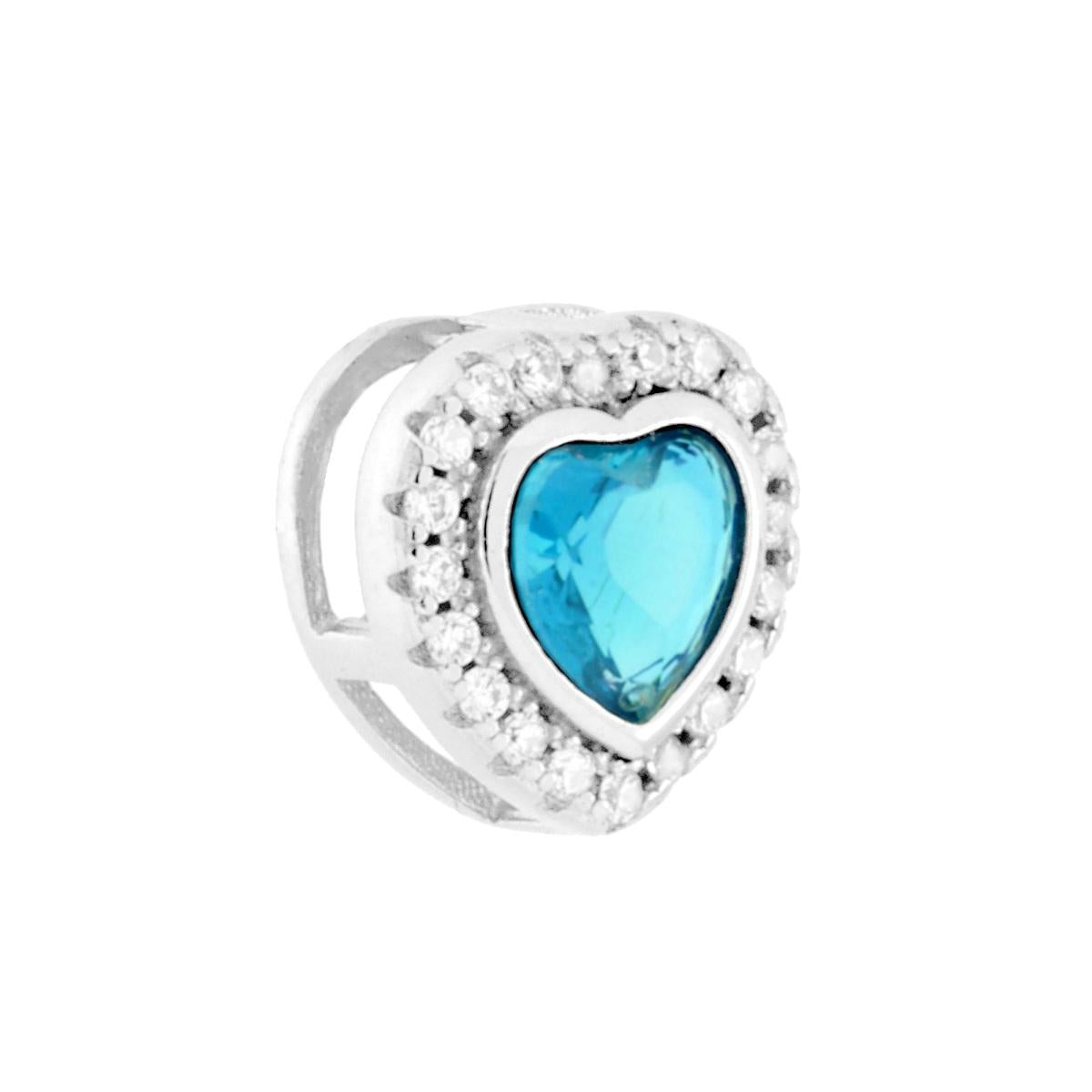 Ciondolo Cuore Acquamarina contornato da Cubic Zirconia Bianchi in ARGENTO 925 Galvanica Rodio