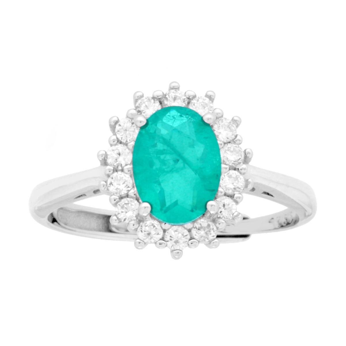 Anello Solitario Ovale Pietra Naturale Tormalina Paraiba e Cubic Zirconia Bianchi in ARGENTO 925 Galvanica Rodio
