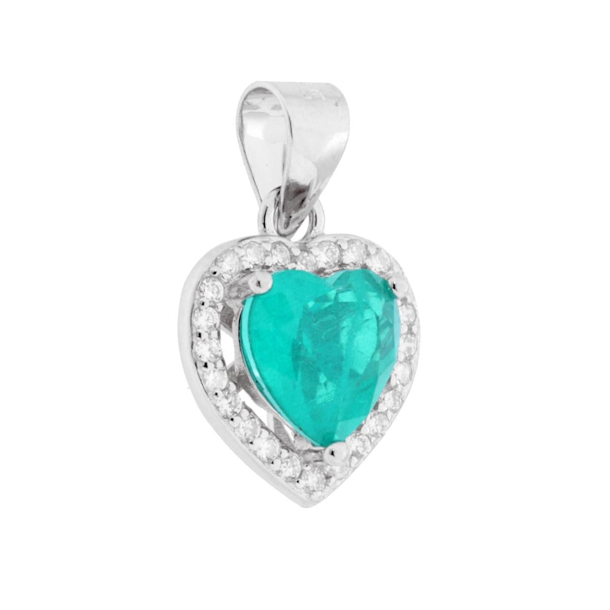 Ciondolo Cuore Pietra Naturale Tormalina Paraiba contornati da Cubic Zirconia Bianchi in ARGENTO 925 Galvanica Rodio