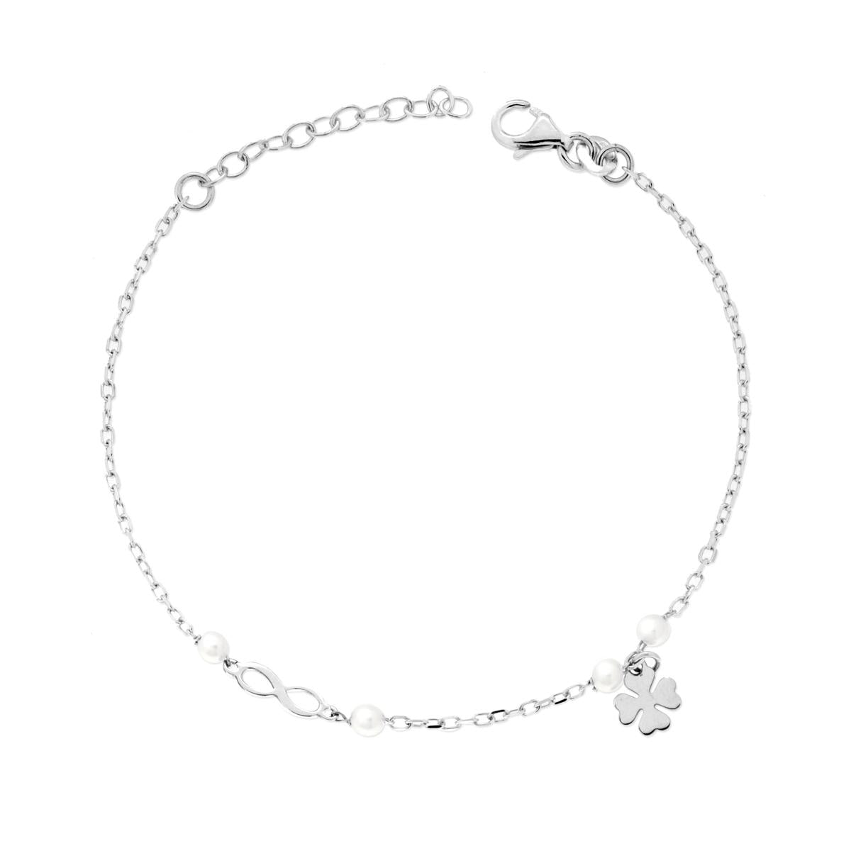 Bracciale Catena Forzatina Diamantata con Quadrifoglio Infinito e Perle in ARGENTO 925 Galvanica Rodio
