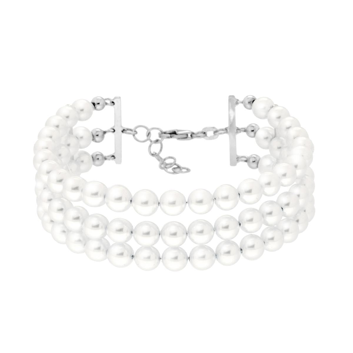 Bracciale tre fili Perla Bianca mm 6 in vetro perlato in ARGENTO 925 Galvanica Rodio