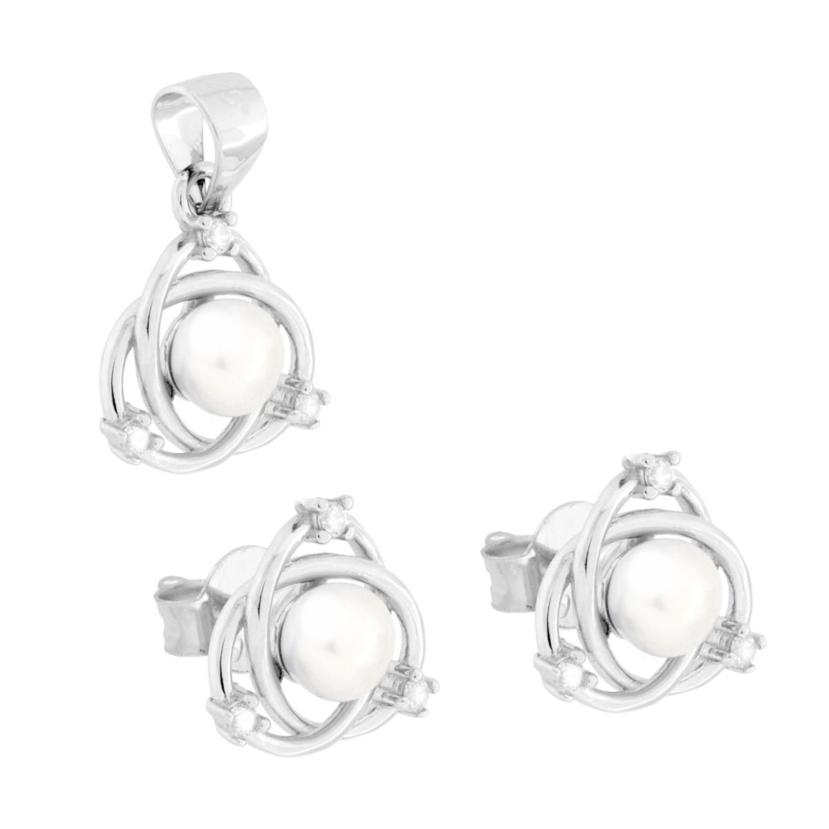 Parure Set Orecchini e Ciondolo Galassia con Perla e Cubic Zirconia Bianchi in ARGENTO 925 Galvanica Rodio