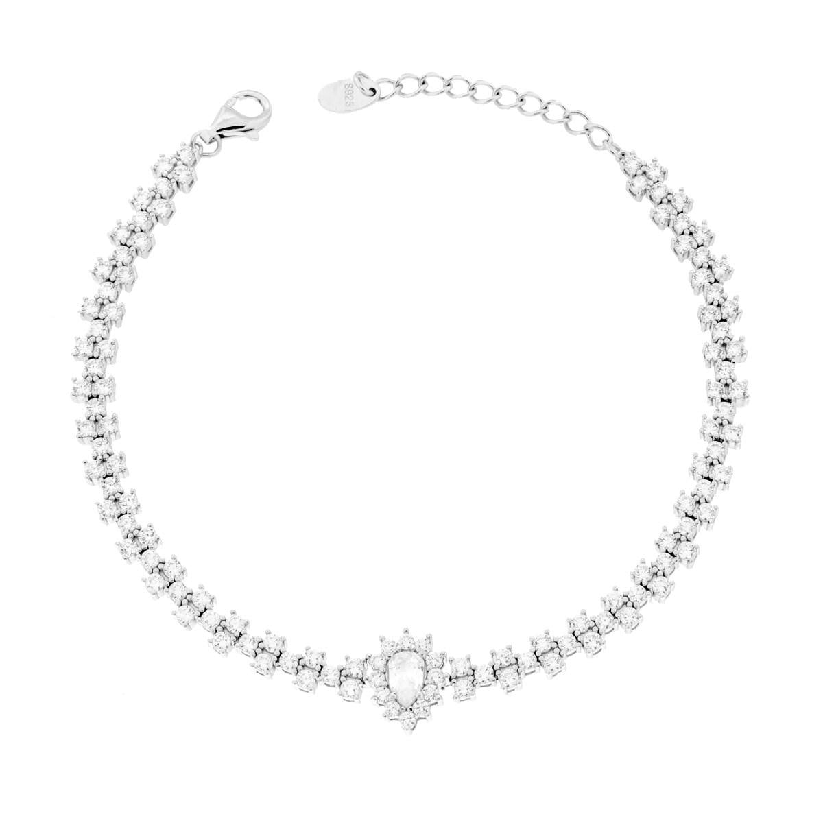 Bracciale Tennis con Goccia Centrale e Cubic Zirconia Bianchi in ARGENTO 925 Galvanica Rodio
