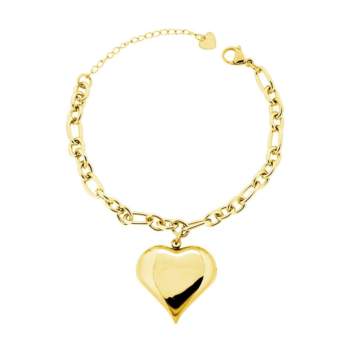 Bracciale Catena Figaro alternata con Cuore Bombato pendente in ACCIAIO colore Oro