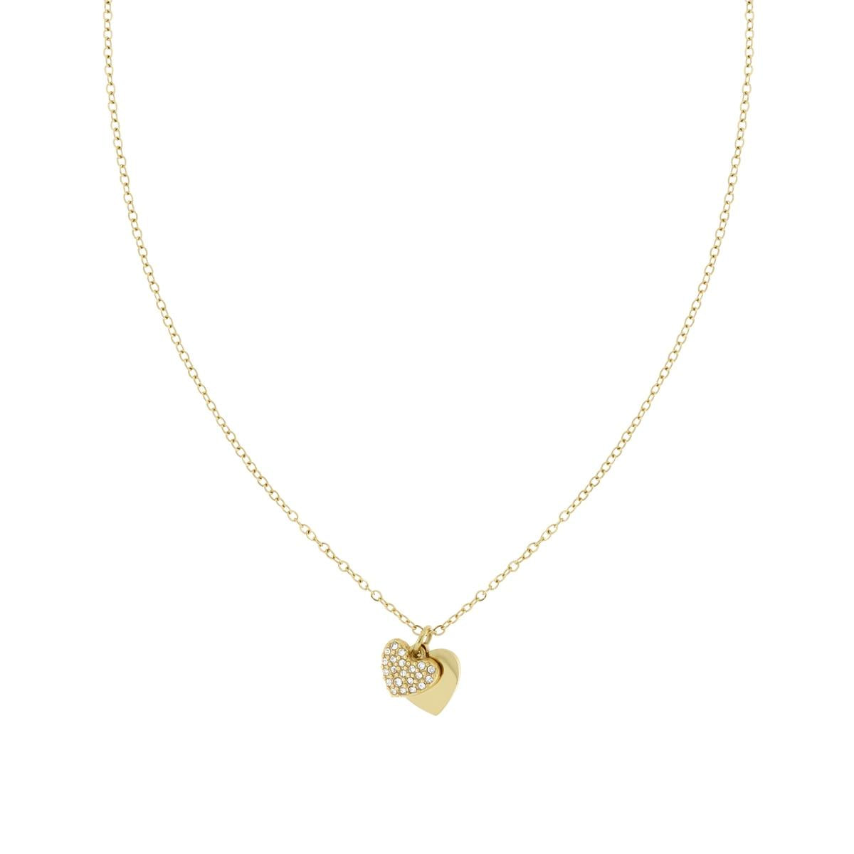 Collana Catena Forzatina Diamantata con doppio Cuore Plain e Crystal Bianchi in ACCIAIO colore Oro