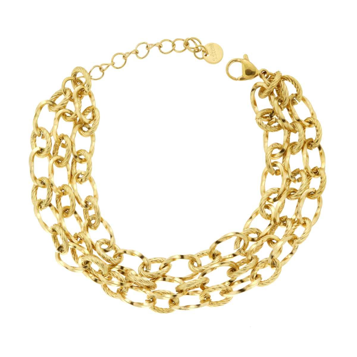 Bracciale tre fili Catena Forzatina alternata Liscia e Torchon in ACCIAIO colore Oro