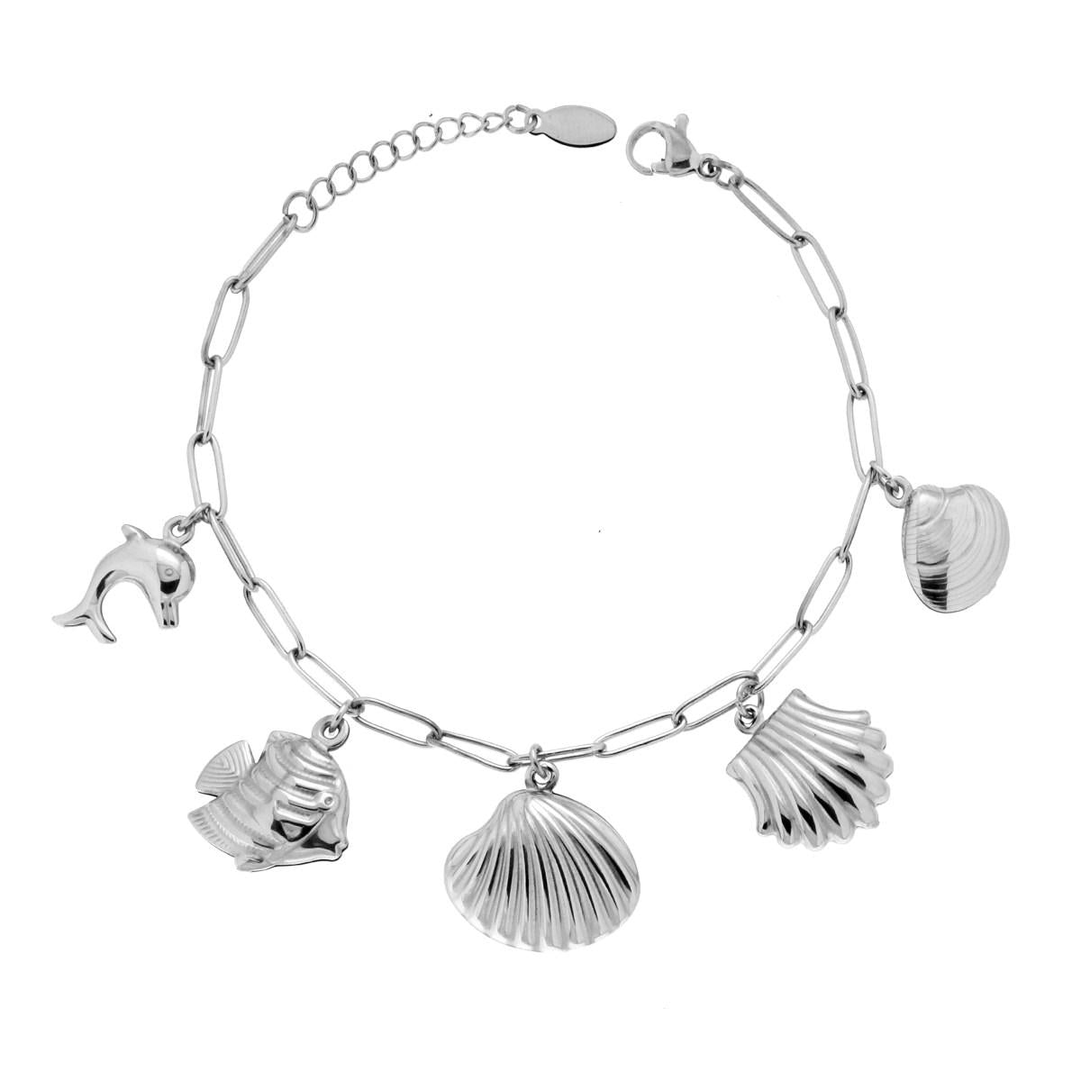 Bracciale Catena Forzatina allungata con Conchiglie Delfino e Pesci in ACCIAIO