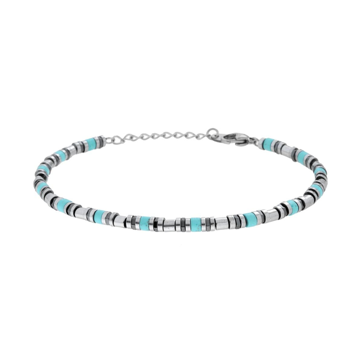 Bracciale Catena con Cilindretti e Pietre colore Turchese in ACCIAIO
