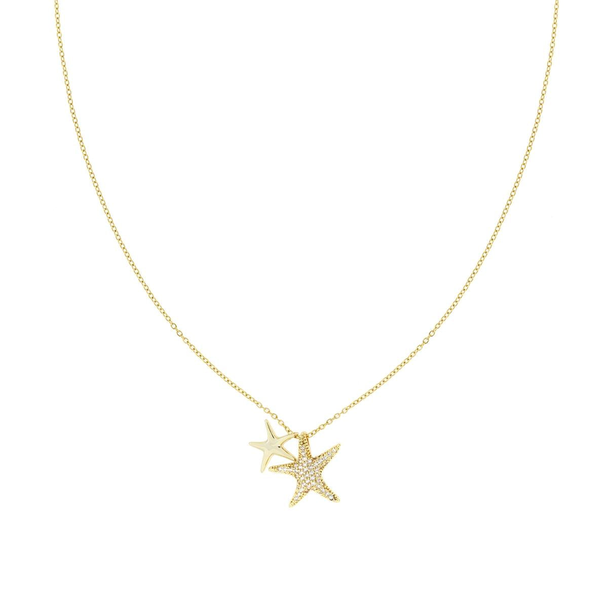 Collana Catena Forzatina Diamantata con Stelle Marine e Crystal Bianchi in ACCIAIO e OTTONE colore Oro