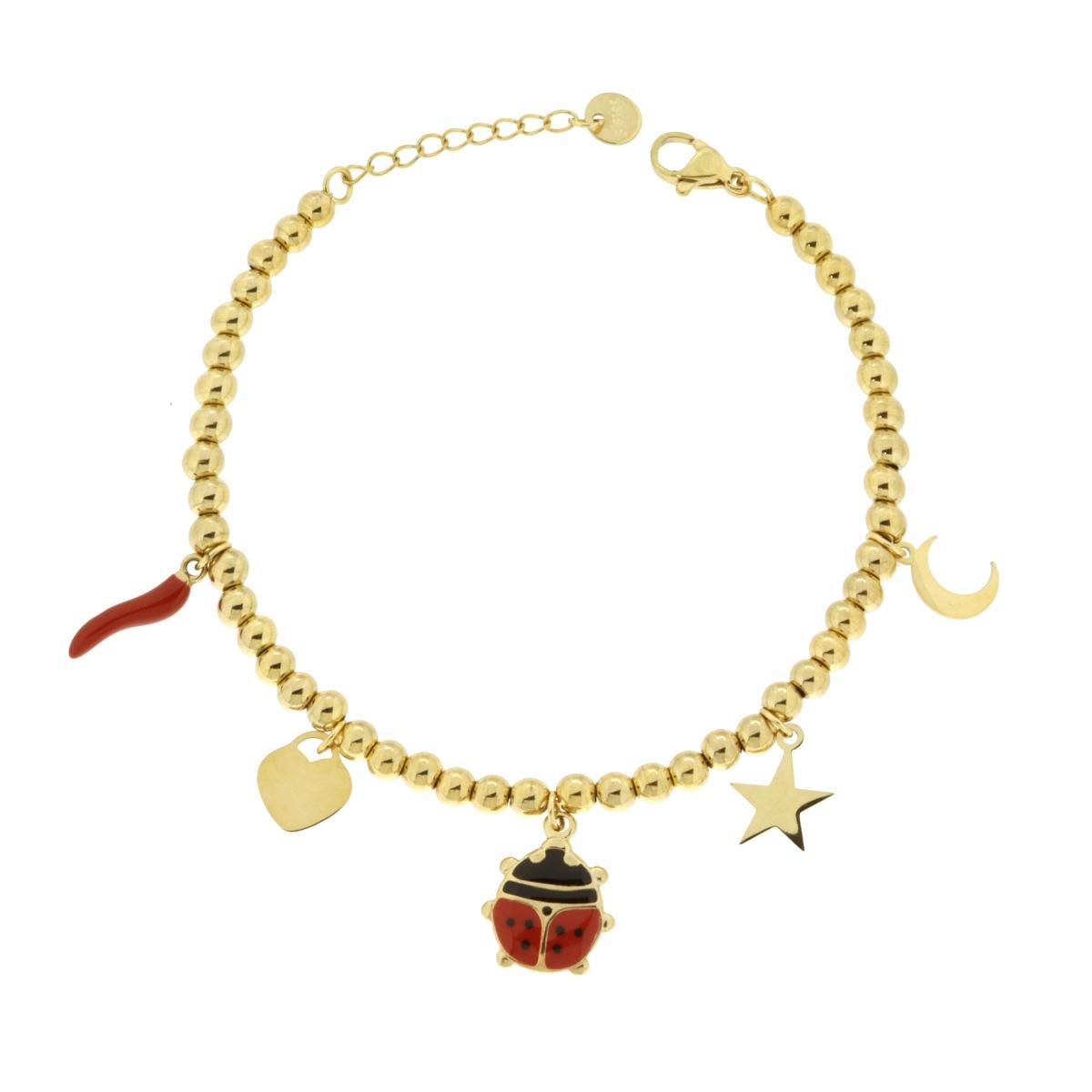 Bracciale Catena Palline con Coccinella smalto Rosso e Charms in ACCIAIO colore Oro