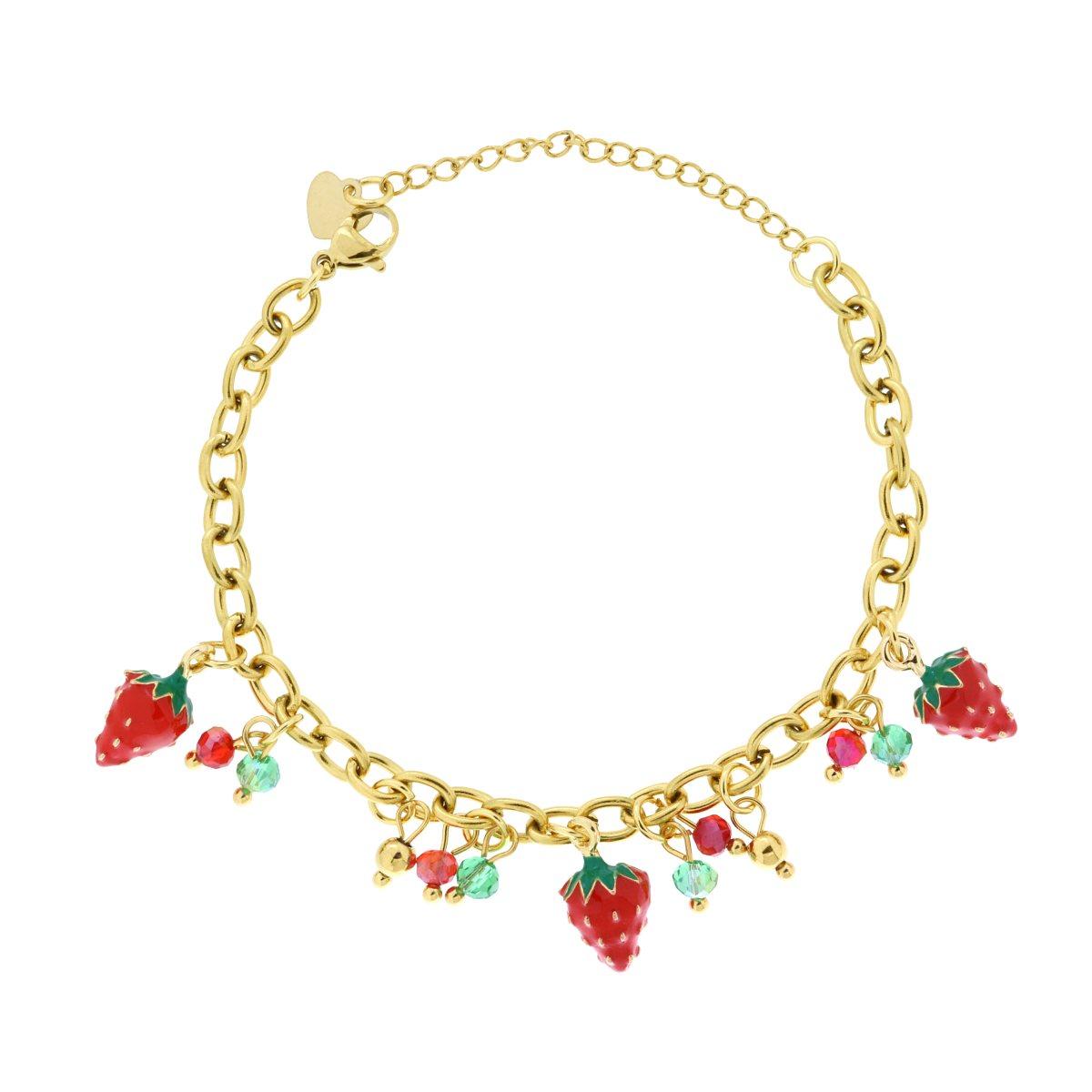 Bracciale Catena Forzatina con Fragole Smalto Rosso e Crystal Multicolor in ACCIAIO colore Oro