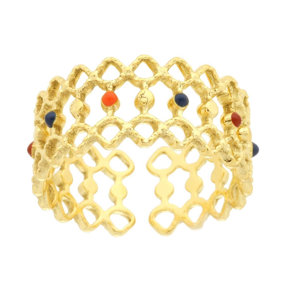 Anello Fascia effetto Rete con Smalti Multicolor in ACCIAIO color Oro