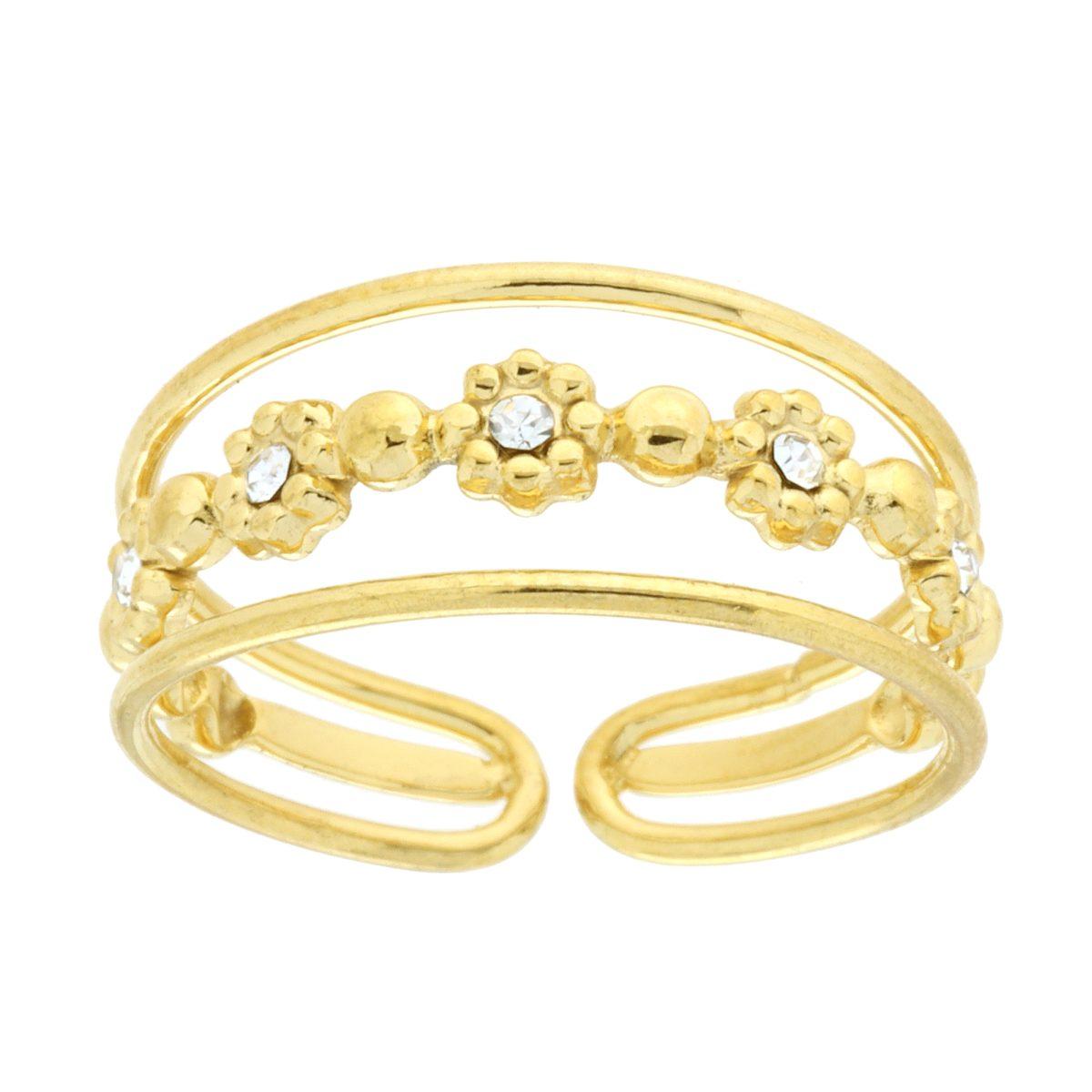 Anello Fascia tre fili con Fiori e Crystal Bianchi in ACCIAIO colore Oro
