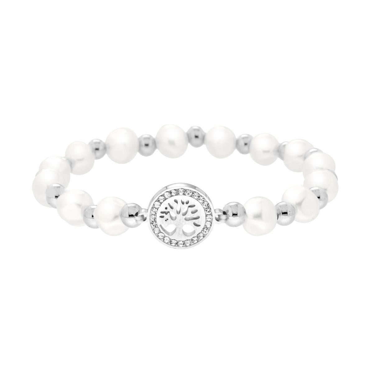 Bracciale Elastico Albero della Vita con Crystal Bianchi e Perle in ACCIAIO
