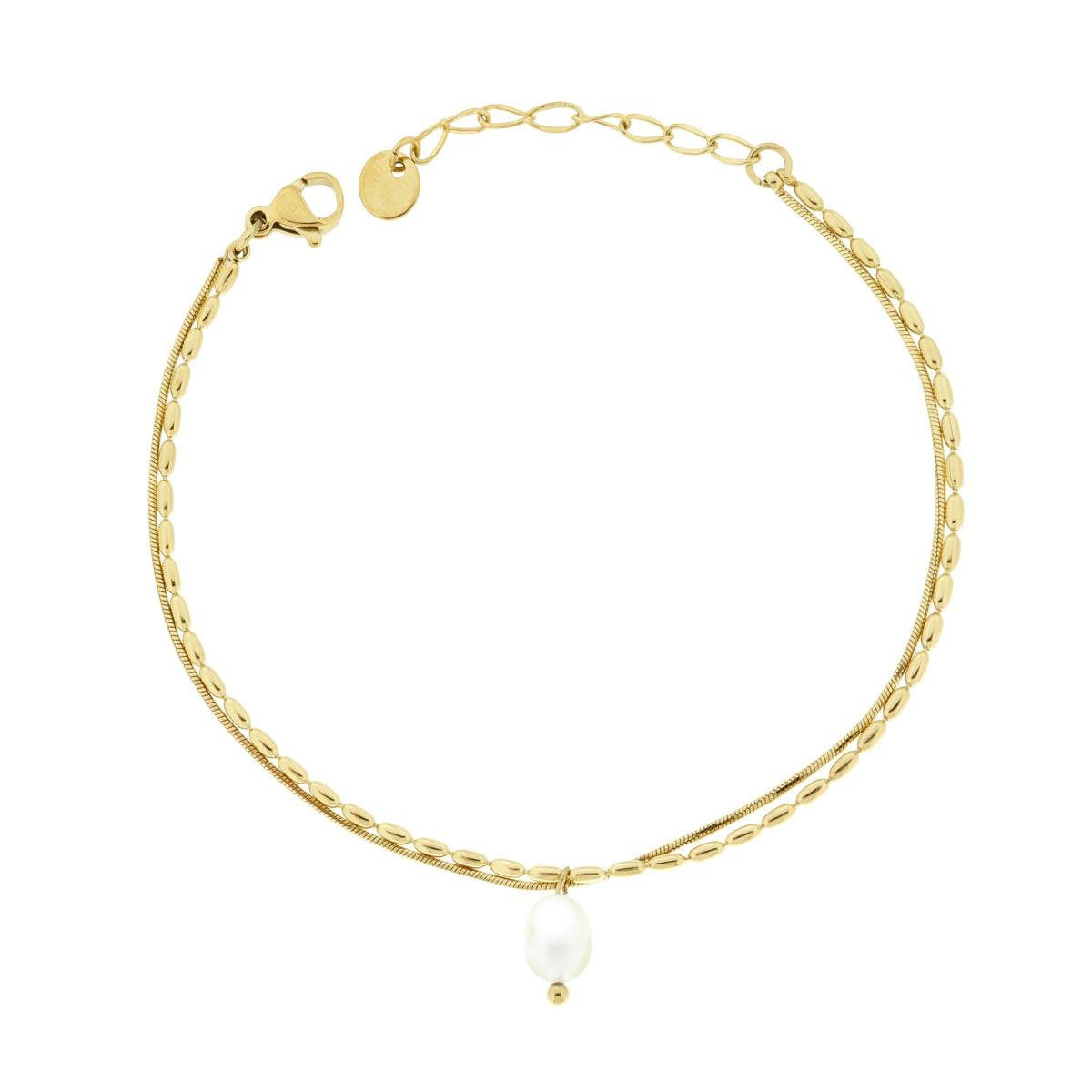 Bracciale due fili Catena Palline Ovali e Coda di Topo con Perla in ACCIAIO colore Oro