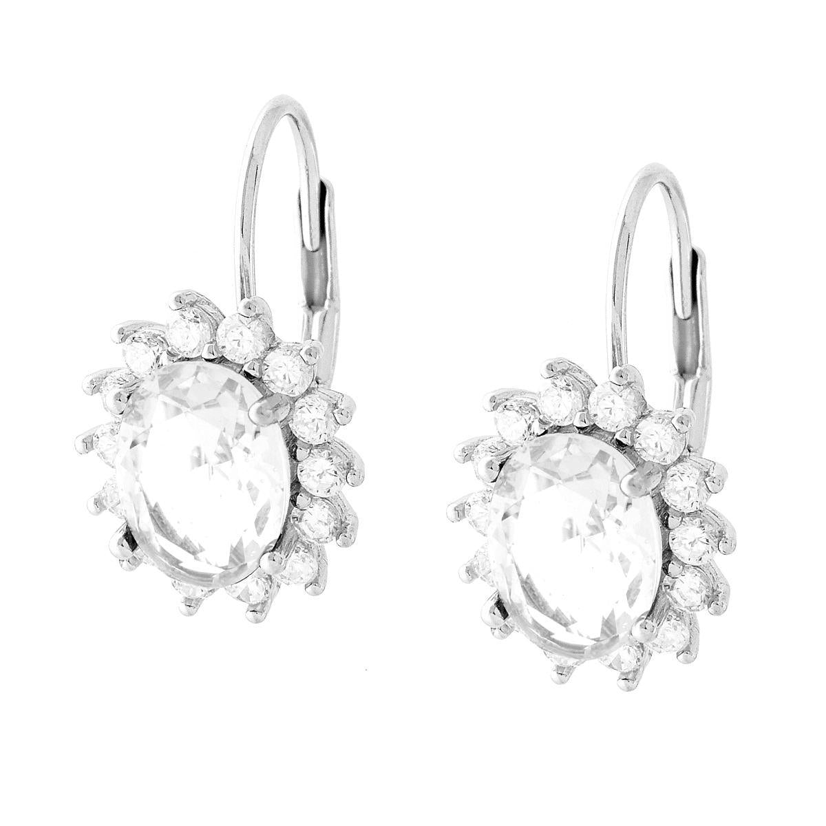 Orecchini Monachella con Ovale Bianco contornato da Cubic Zirconia Bianchi in ARGENTO 925 Galvanica Rodio