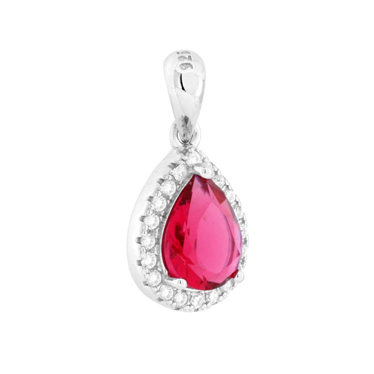 Ciondolo Goccia Rosso Rubino contornato da Cubic Zirconia Bianchi in ARGENTO 925 Galvanica Rodio